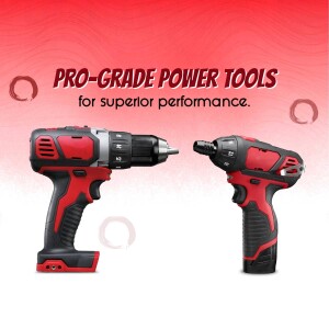 Red and black power drills with text 'Pro-Grade Power Tools'