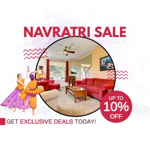 Navratri Sale advertisement featuring women dancing and a living room interior.