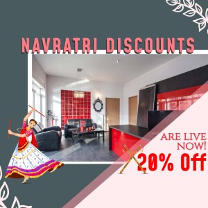 Navratri sale advertisement with a woman dancing and a modern living room interior.