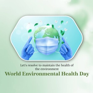 Hands wearing gloves holding a face mask over the Earth, symbolizing protecting the environment for World Environment Health Day.