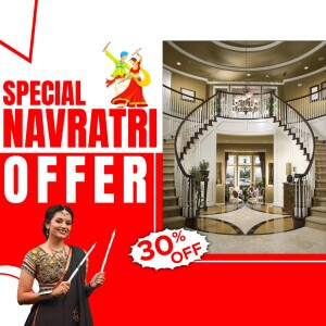 Navratri offer advertisement featuring a woman in traditional attire and a luxurious home interior.