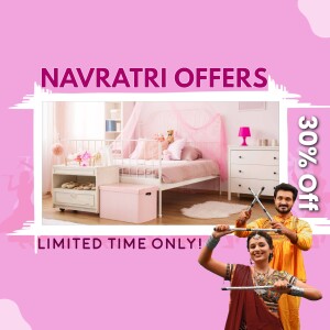 Navratri sale advertisement featuring bedroom furniture and traditional dancers.