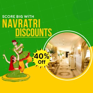 Navratri Discounts promotion with traditional dancers and hotel imagery.