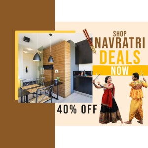 Navratri sale advertisement featuring a modern kitchen and people performing Garba dance.