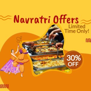 Navratri food offers with a traditional dance illustration and 30% discount