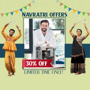 Navratri offer advertisement featuring people in traditional attire with a computer and a 30% off discount.