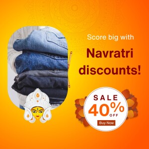Navratri sale advertisement featuring a stack of jeans and festive decorations.