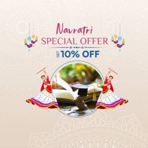 Navratri offer advertisement with women dancing and books