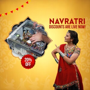 Woman in traditional attire pointing towards an AC unit with a discount offer for Navratri
