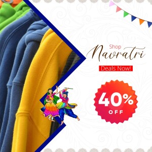 Navratri sale advertisement featuring clothing and festive decorations.