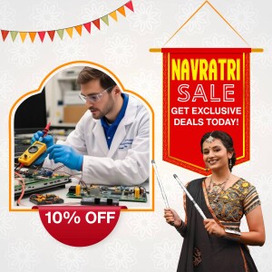 Image depicting a Navratri sale with an electrician and a woman in traditional attire.