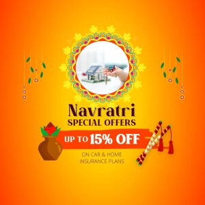 Navratri offer advertisement for car and home insurance with a discount of up to 15%