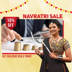 Image advertising a Navratri sale with a woman holding Garba sticks and a discount offer.