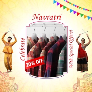 Navratri sale advertisement featuring traditional Indian clothing and dancers.