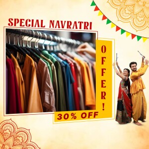 Navratri sale banner with traditional clothing and a couple celebrating