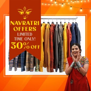 Navratri sale banner with clothing and a woman in traditional attire