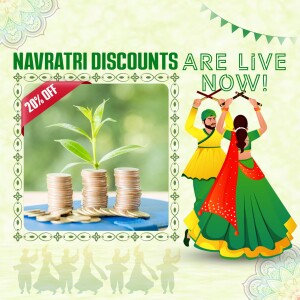 Navratri sale advertisement with dancers and savings illustration.