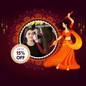 Woman getting makeup applied with a festive Navratri background and a discount offer.