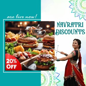 Navratri food discounts advertisement with a woman performing Garba.