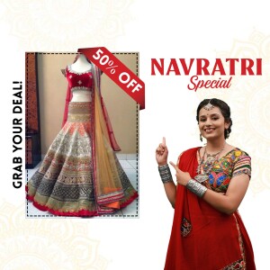 Woman modeling a traditional lehenga with a 50% off sale promotion for Navratri.
