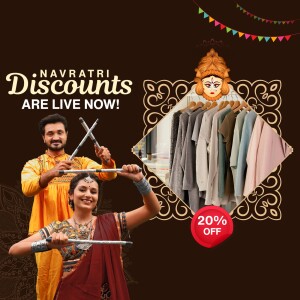 Navratri discounts on clothing with a couple performing Garba