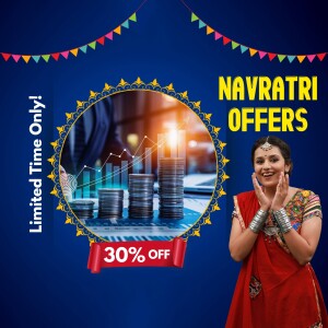 Navratri Offers advertisement featuring a woman in traditional attire and financial growth imagery.