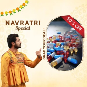 Navratri special offer on health supplements with a man in traditional attire.