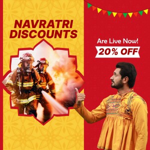 Navratri Discounts advertisement featuring a firefighter and a man in traditional attire.