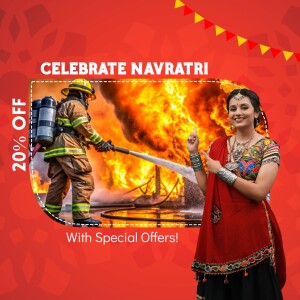 Navratri celebration with a firefighter and a traditionally dressed woman, promoting a 20% off offer.
