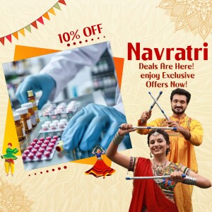 Navratri sale promotion featuring healthcare products and traditional dance