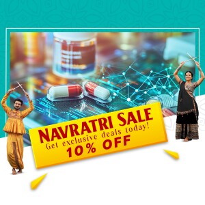 Navratri Sale advertisement featuring medicine pills, technology, and people performing Garba.