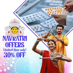 Navratri promotional image with discounts on medicine and people celebrating