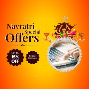 Navratri Special Offers advertisement with Goddess Durga and laptop image