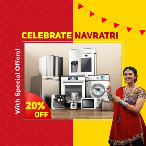Navratri appliance sale with 20% off and a woman in traditional attire