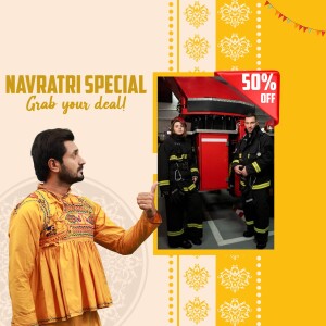 Navratri Special Offer featuring a man in traditional attire and firefighters.