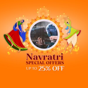 Navratri promotional image with a blend of traditional dance and technology.