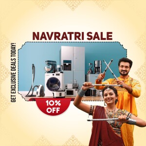 Navratri sale advertisement featuring appliances and a couple performing Garba.