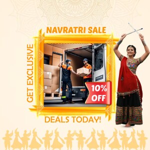Navratri Sale advertisement featuring a moving truck and a woman performing Garba.