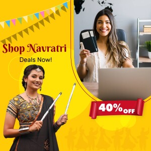 Woman holding a credit card and another woman with traditional Navratri sticks, advertising a 40% off sale.