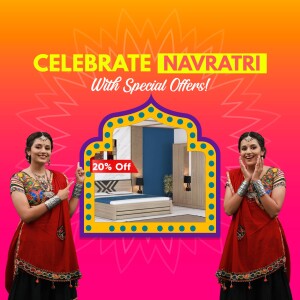 Navratri sale advertisement featuring women in traditional attire and furniture with a 20% off offer.