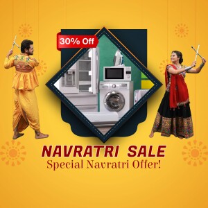 Navratri Sale banner featuring people dancing with dandiya sticks and appliances with a 30% off offer.