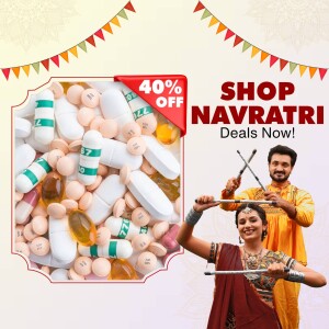 Navratri sale advertisement featuring a man and woman performing Garba with pills and a 40% off offer.