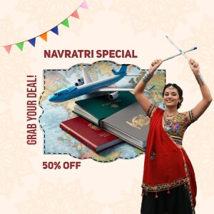 Navratri special travel offer with a woman in traditional attire and travel elements.