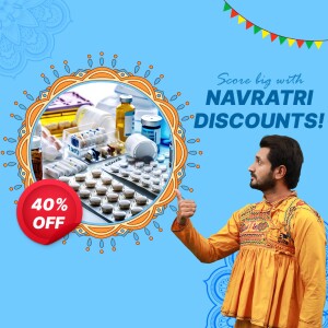 Image promoting Navratri discounts on medicines with a man pointing towards a display of pills and bottles.