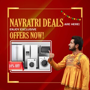 Navratri appliance sale with a man pointing towards appliances and a 10% off offer.