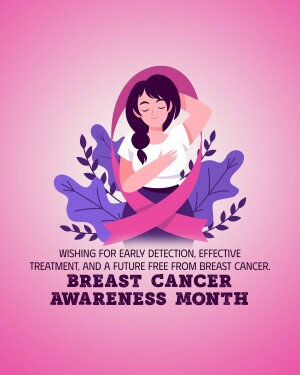 Illustration of a woman checking her breasts with a pink ribbon, promoting breast cancer awareness.