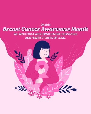 Illustration of a woman holding a pink ribbon with text promoting Breast Cancer Awareness Month.