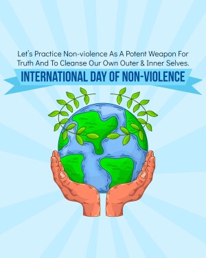 Illustration of hands holding the Earth with a banner promoting non-violence.