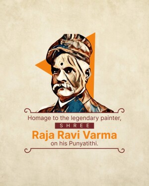 Portrait of Raja Ravi Varma with text honoring his Punyathithi