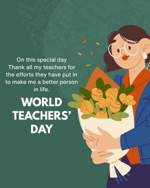 Illustration of a woman holding flowers with 'World Teachers' Day' text.